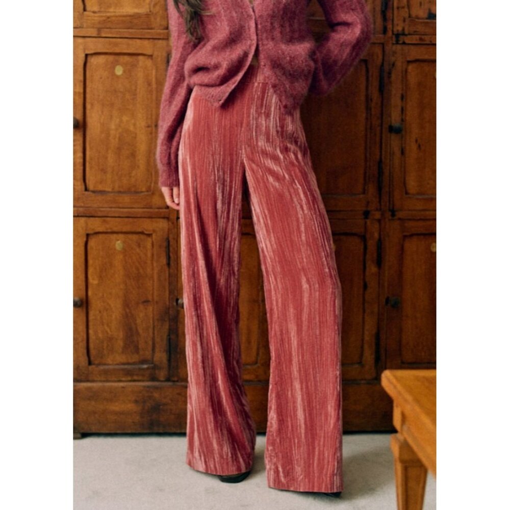Sezane Tyler Trousers Velvet High Waisted Wide Straight Leg Pants Pink Size 40